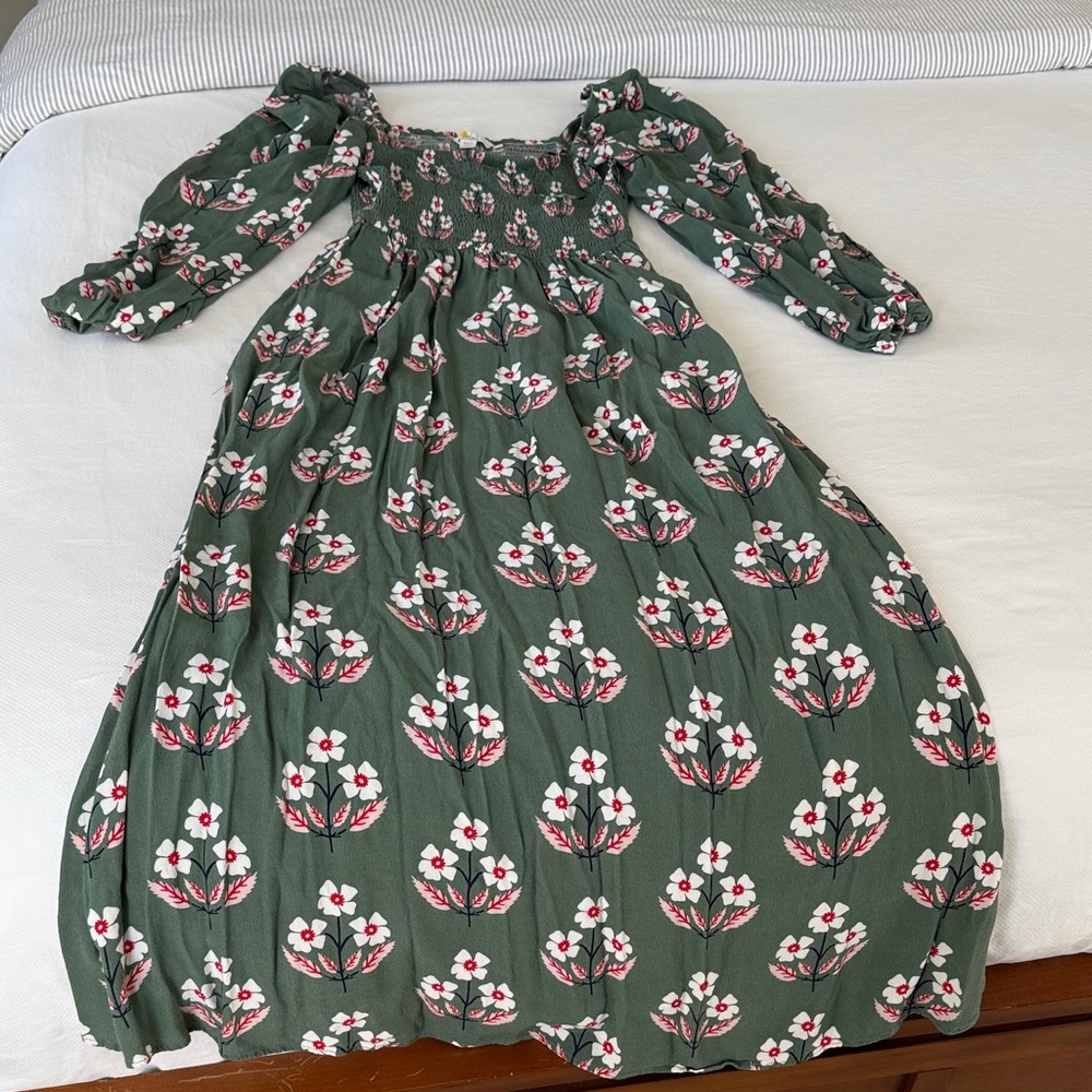 Olive Green Floral Smocked Waist Dress
